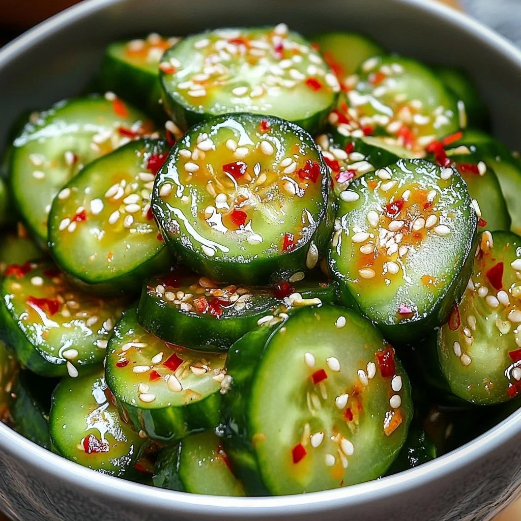 A vibrant bowl of Korean Cucumber Salad with herbs and spices.