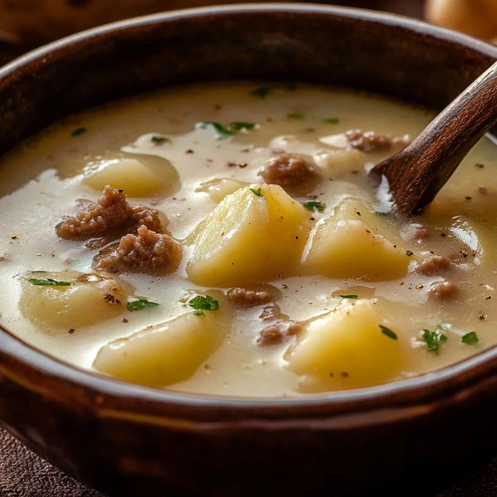 Bowl of legendary sausage potato soup garnished with herbs