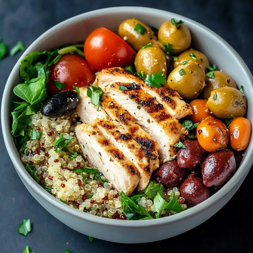 Mediterranean Chicken Quinoa Bowl with fresh vegetables and herbs