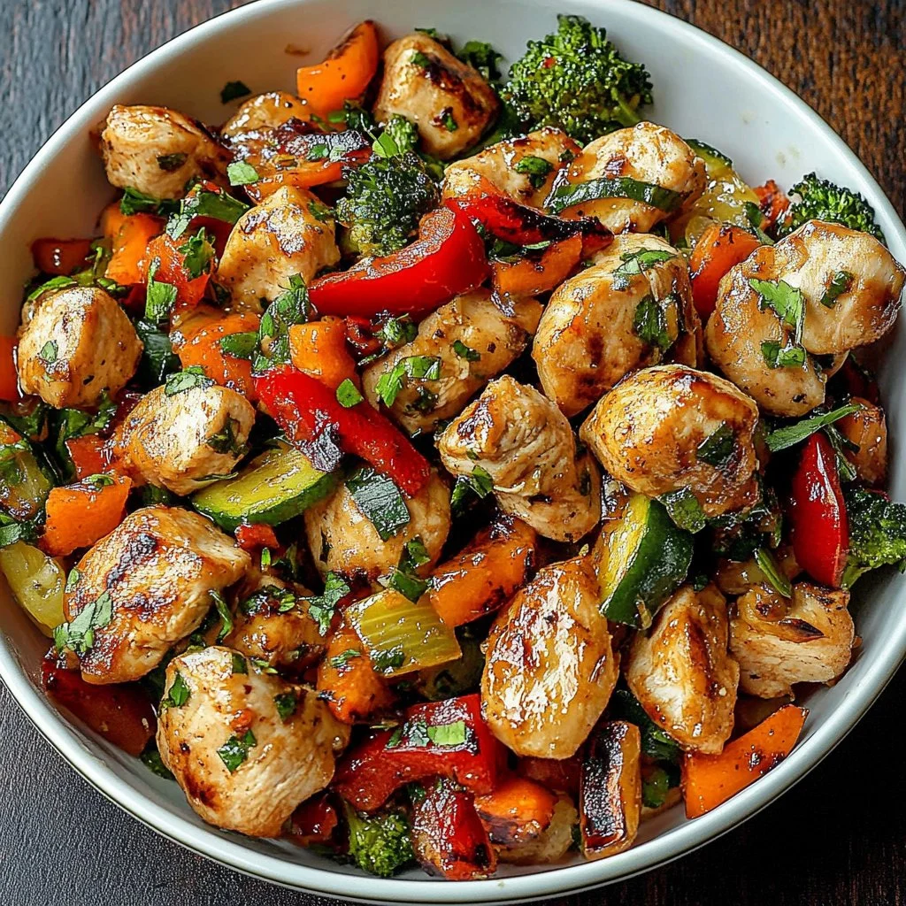 Mediterranean chicken stir-fry with colorful vegetables and herbs