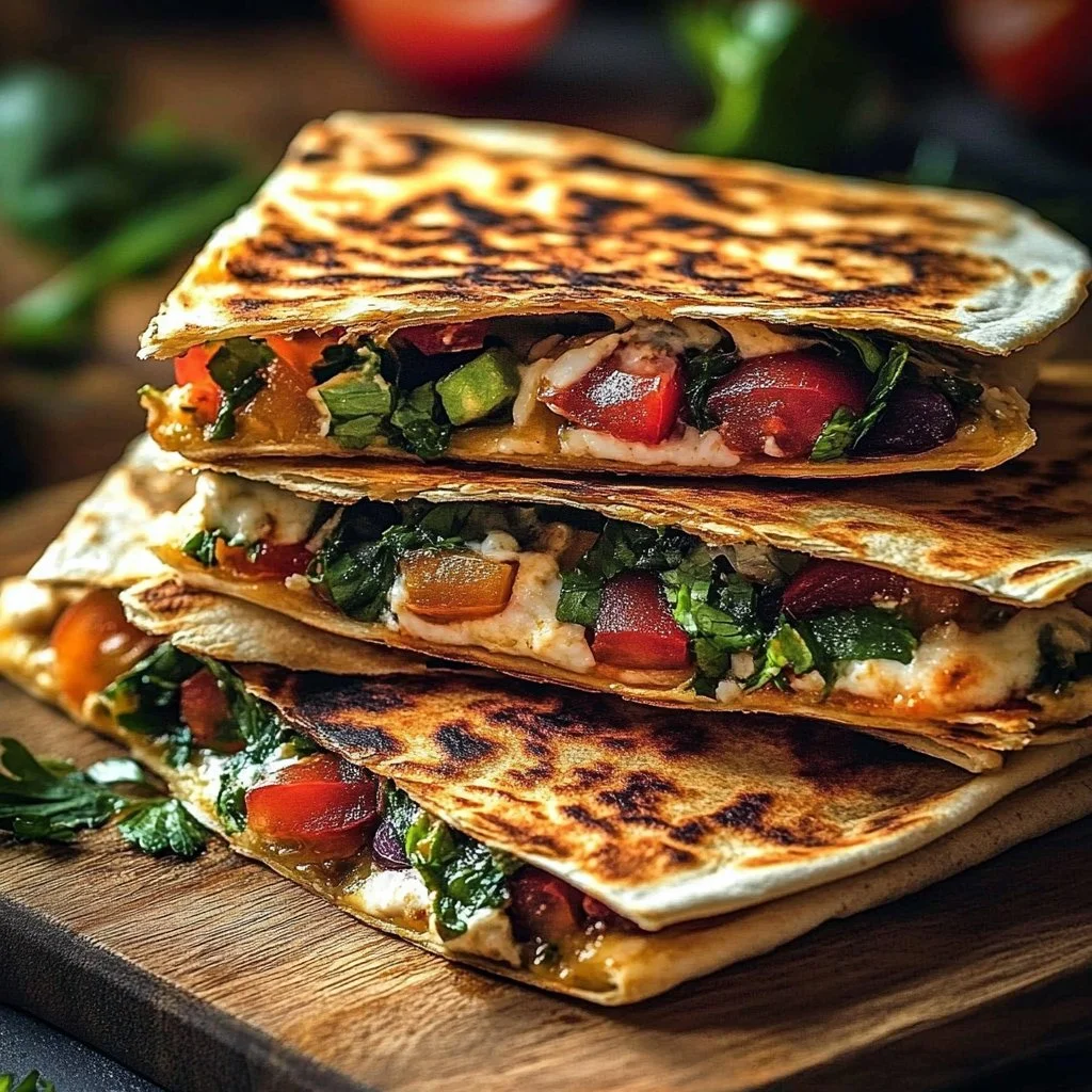 Delicious Mediterranean Quesadillas filled with vibrant vegetables and spices.