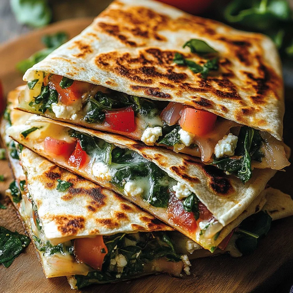 Mediterranean Quesadillas with spinach, feta, mozzarella, and red onion