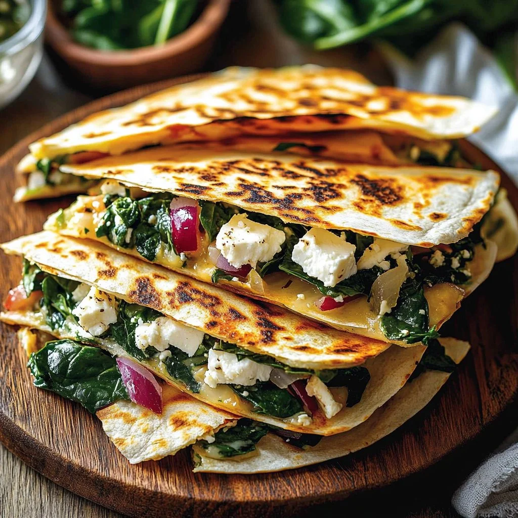 Mediterranean Quesadillas with Spinach, Feta, Mozzarella, and Red Onion