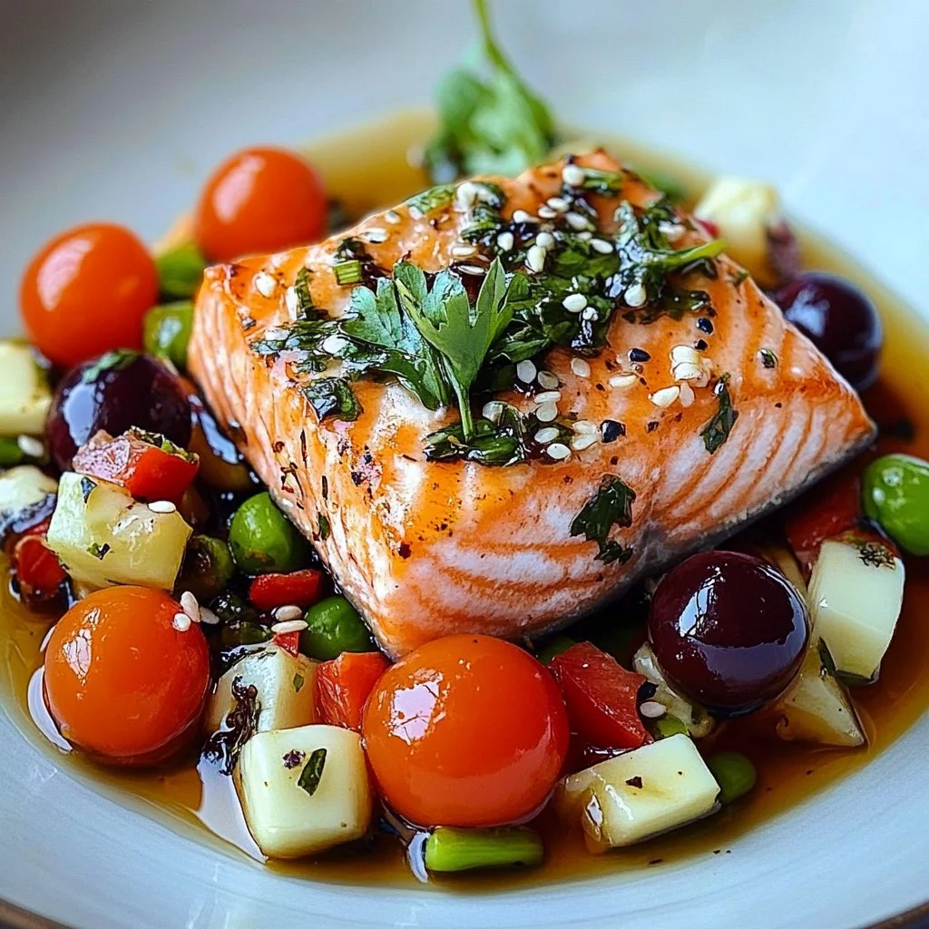 Plate of Mediterranean Salmon with herbs and vegetables