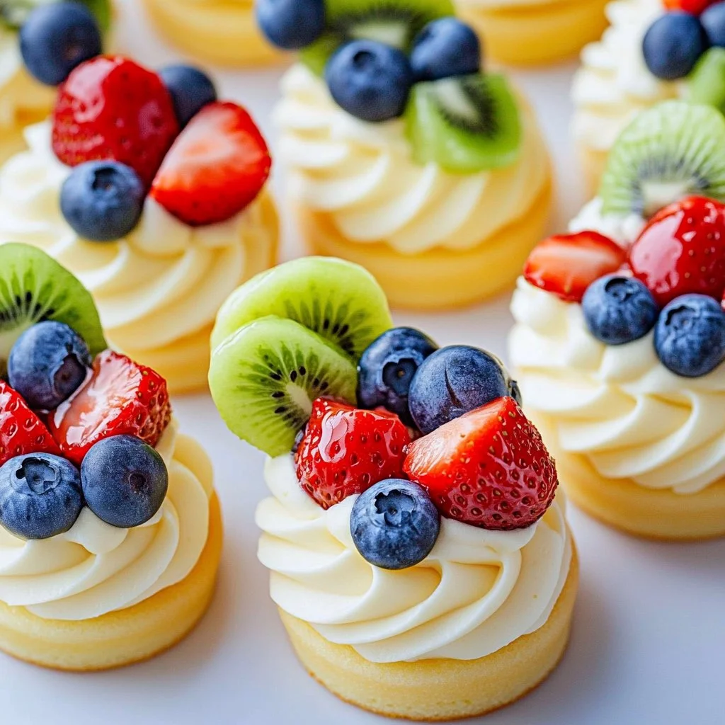 Colorful mini fruit pizzas topped with fresh berries and cream