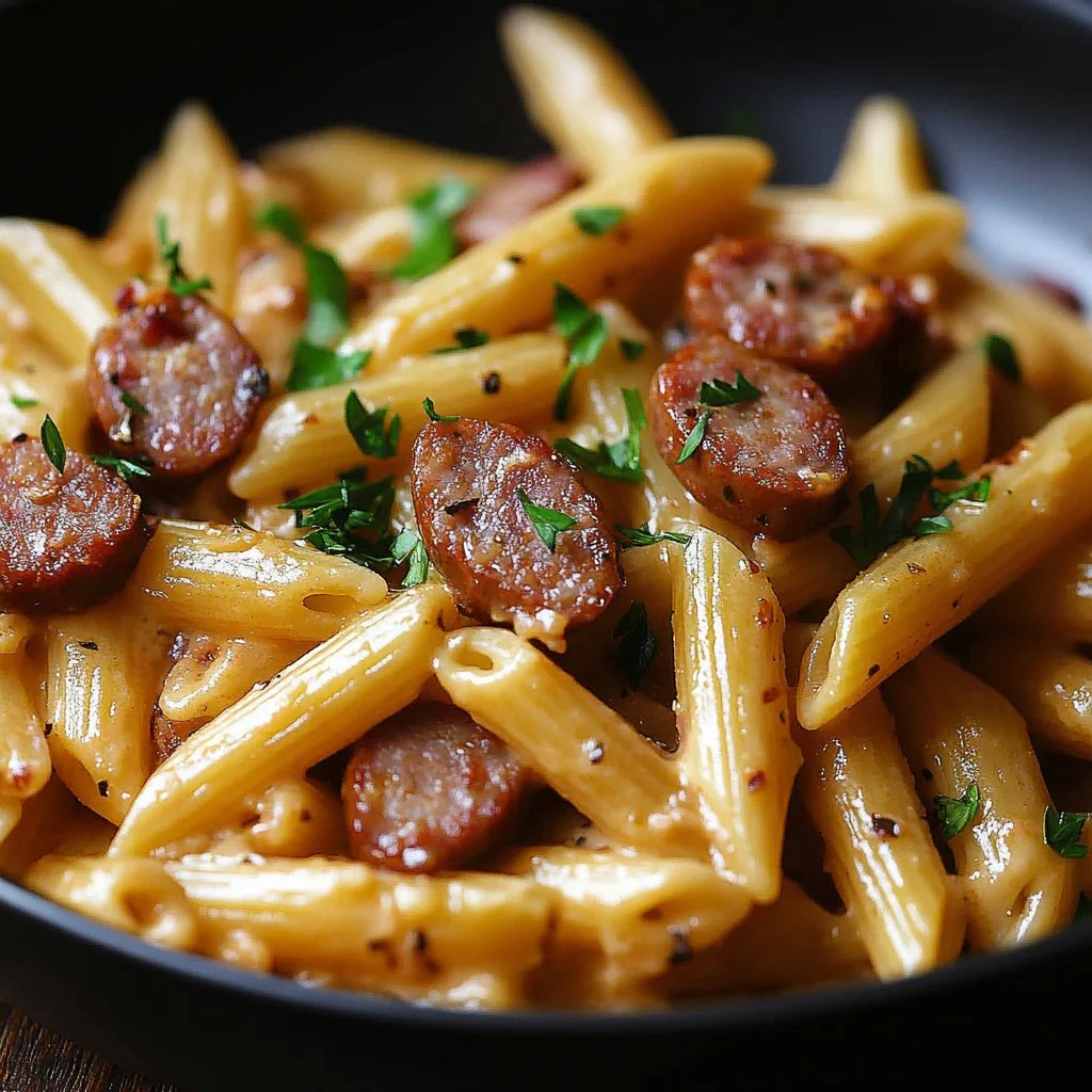 Delicious One Pot Kielbasa Pasta dish served with colorful veggies.