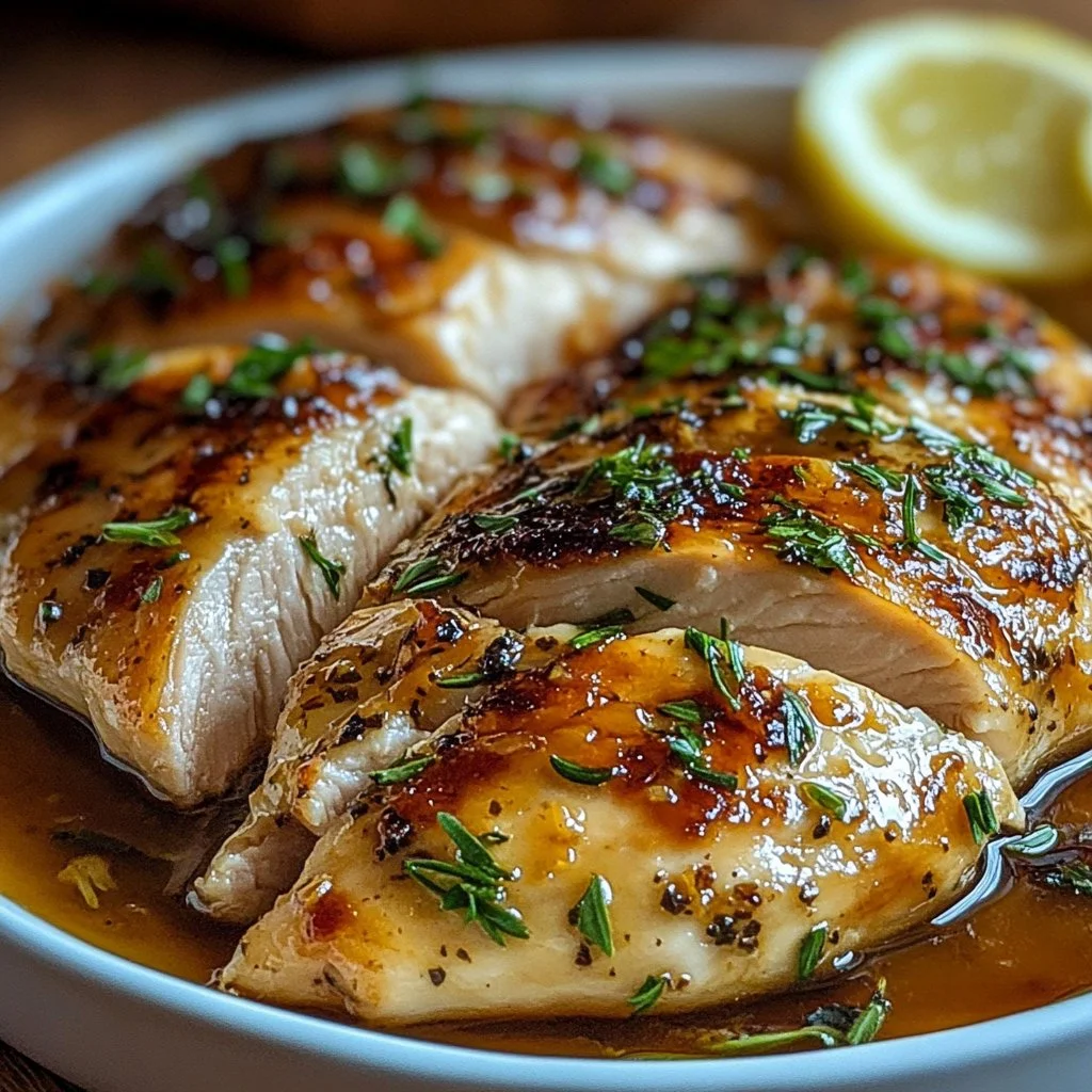 Juicy oven baked chicken breast garnished with herbs and spices.