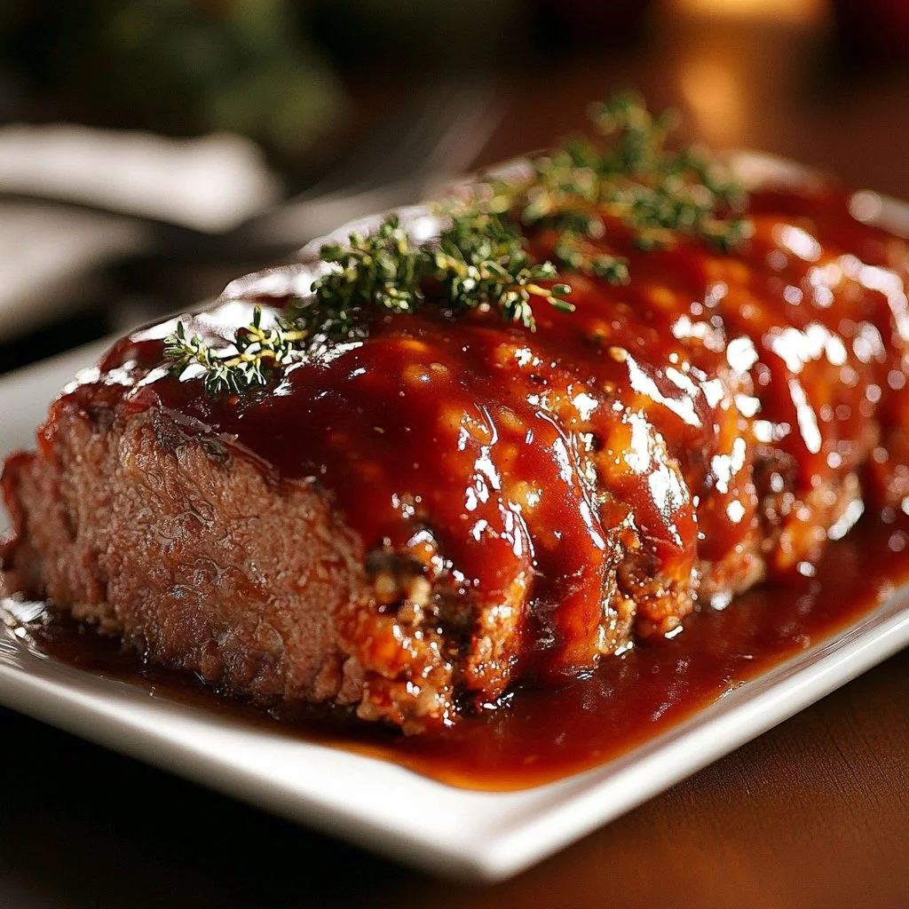 Delicious Paula Deen meatloaf garnished with herbs, served on a rustic plate.