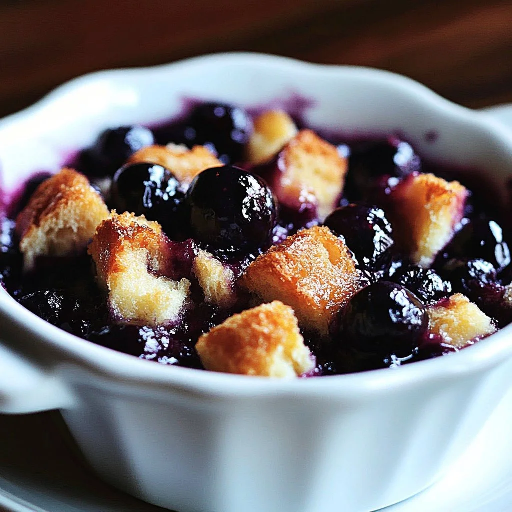 Quick Blueberry French Toast Casserole fresh out of the oven with blueberries