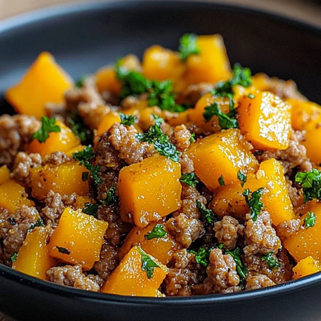 Delicious roasted butternut squash mixed with ground turkey in a dish.
