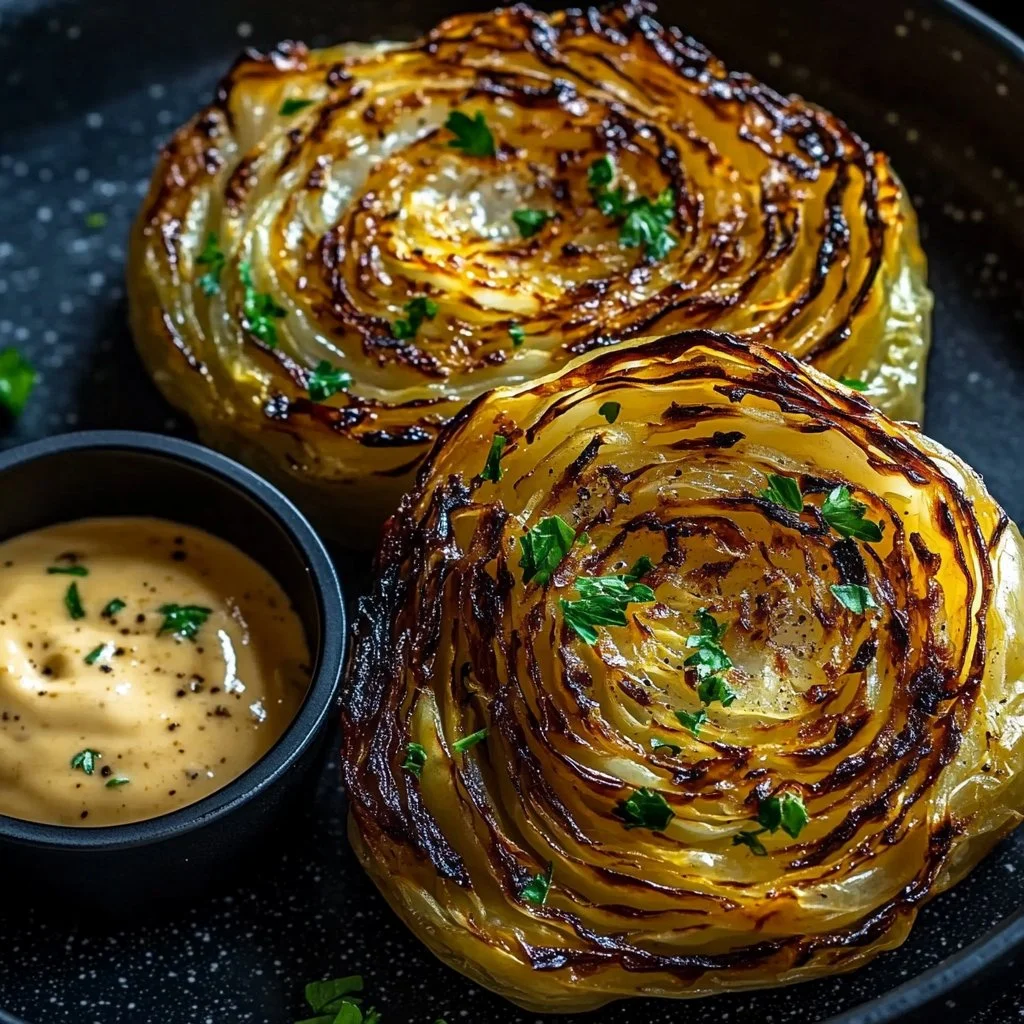 Delicious roasted cabbage steaks garnished with herbs and spices