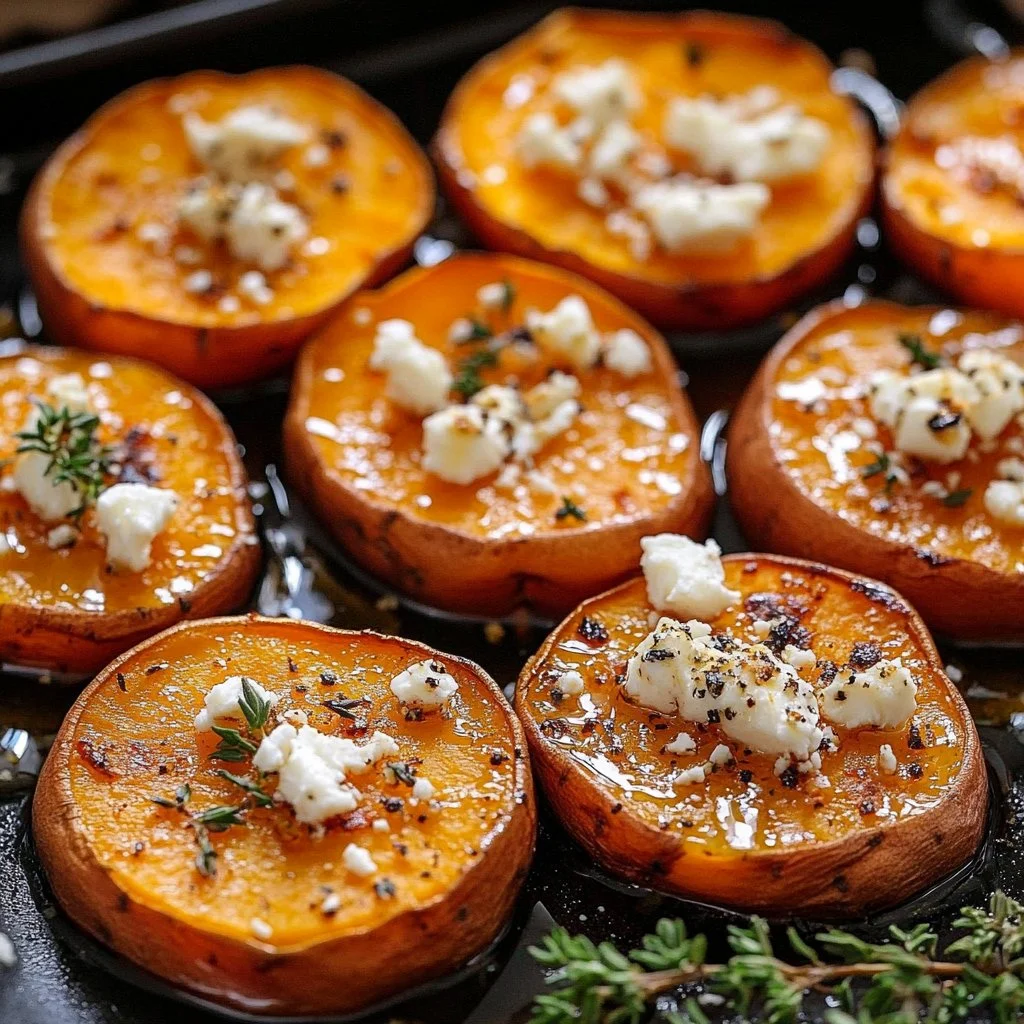 Roasted sweet potato rounds topped with honey and feta cheese