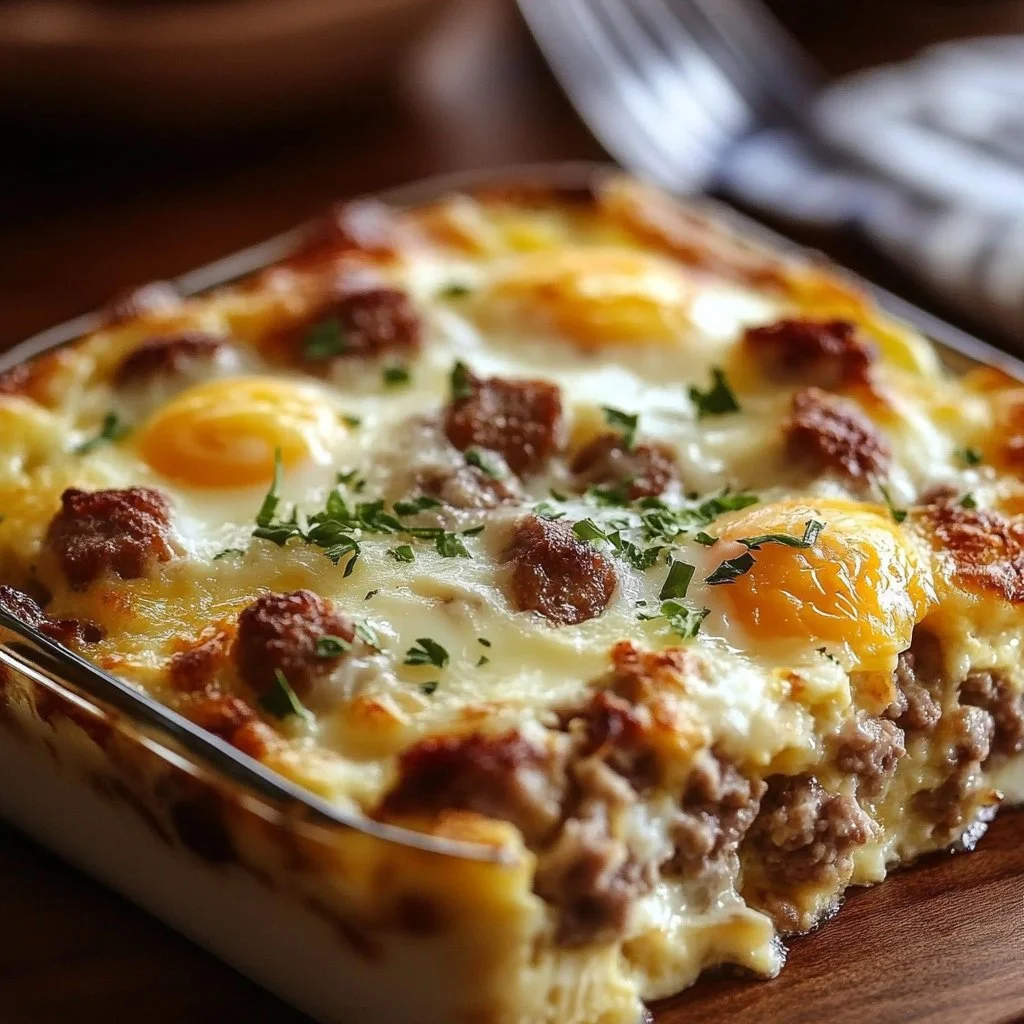 Delicious Sausage and Egg Casserole topped with herbs and cheese