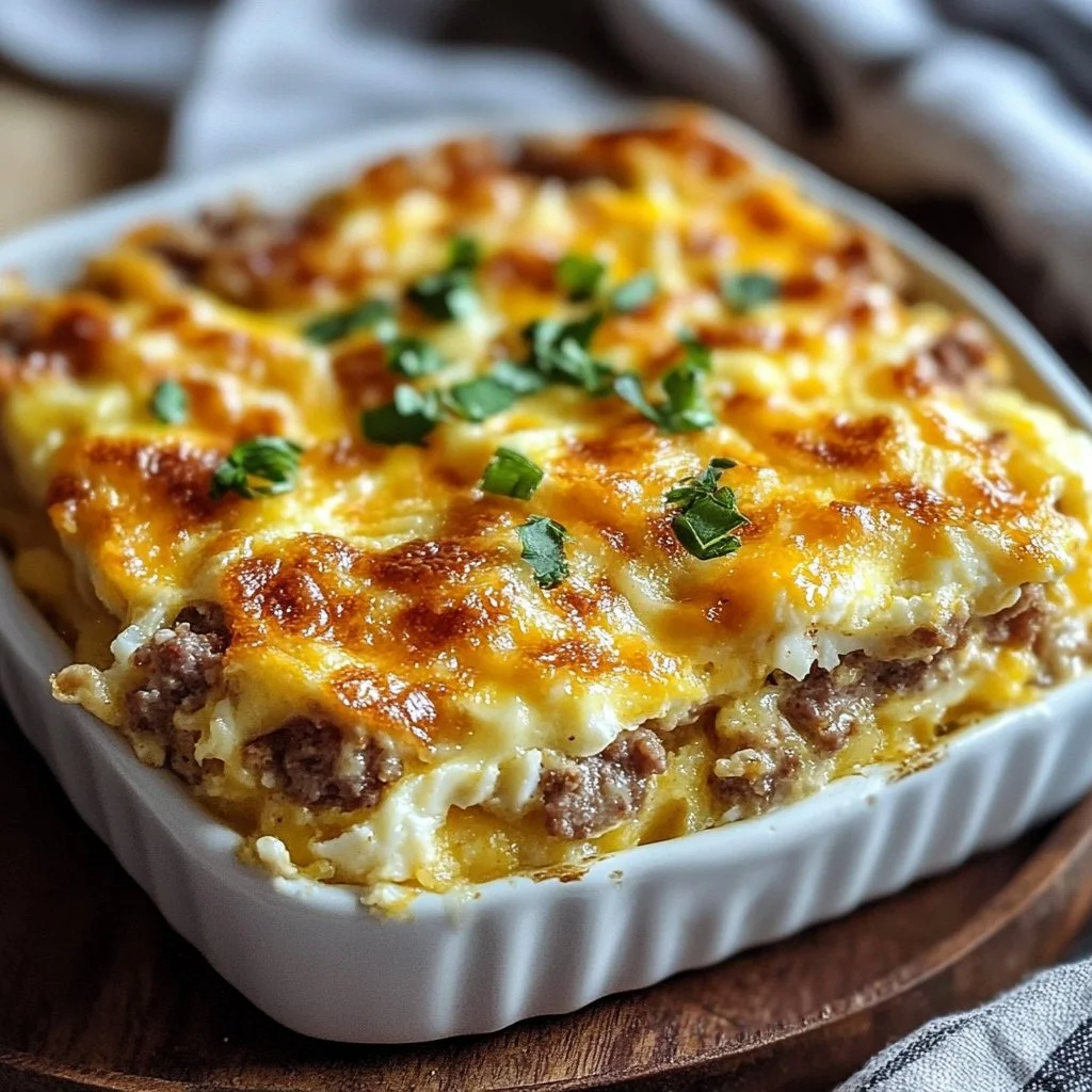 Sausage, Egg, and Cream Cheese Hashbrown Casserole served in a casserole dish