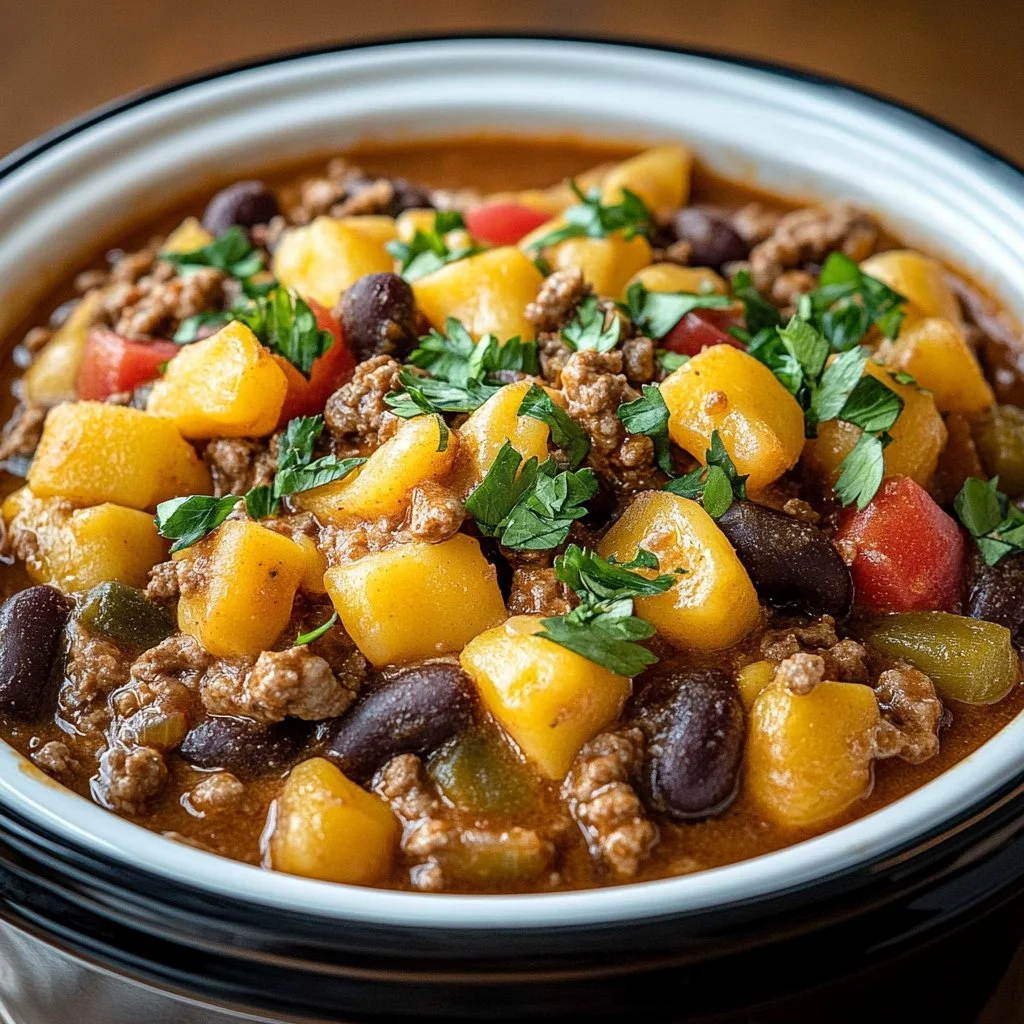 Slow Cooker Cowboy Casserole with hearty ingredients in a bowl