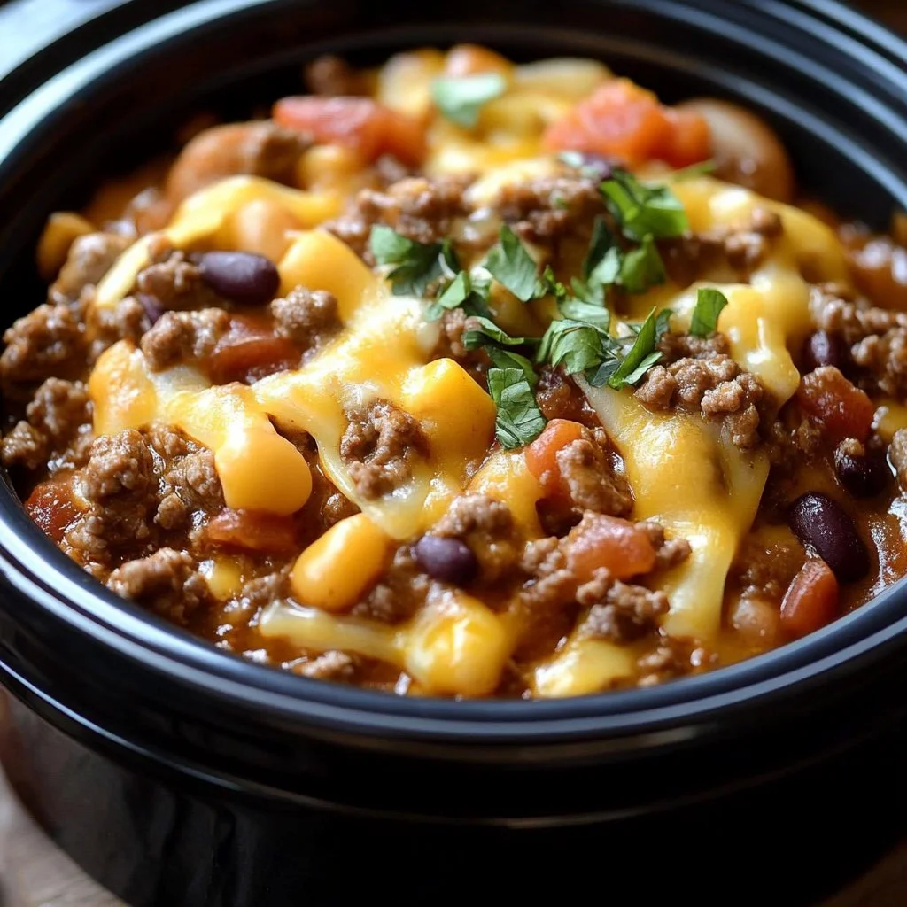 Delicious slow cooker cowboy casserole served in a bowl, showcasing ingredients and texture.