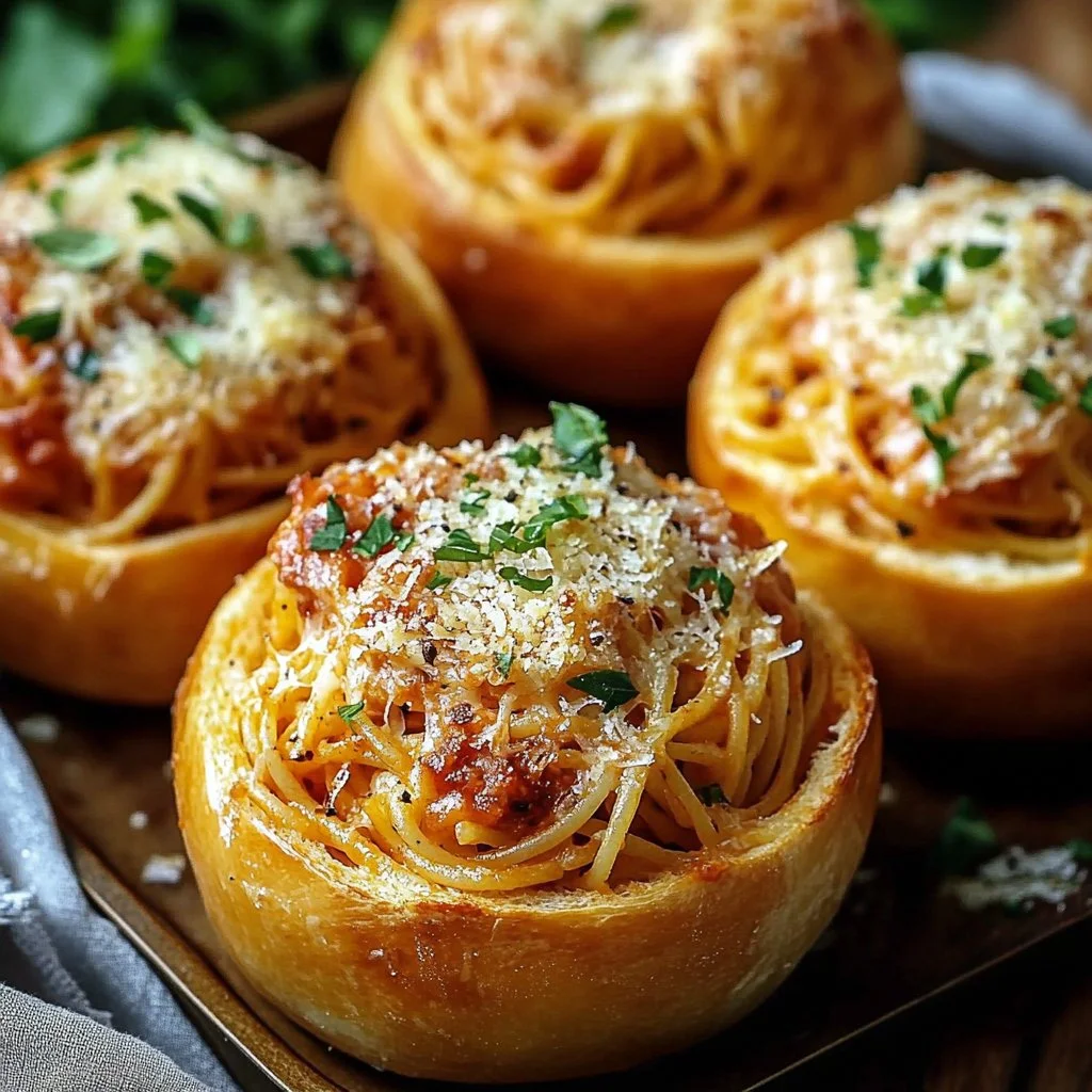 Spaghetti garlic bread bowls with garlic butter and fresh herbs