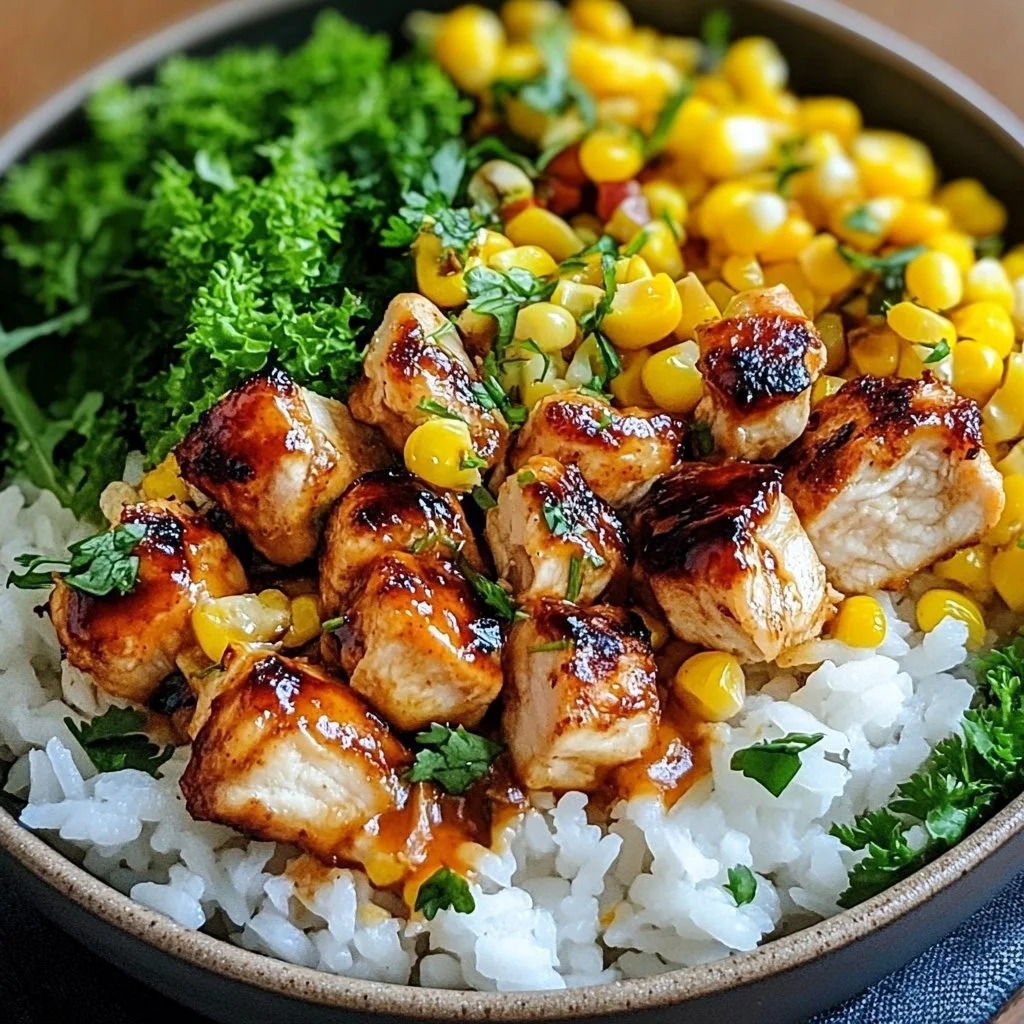 Delicious Street Corn Chicken Rice Bowl with grilled chicken and corn topping.