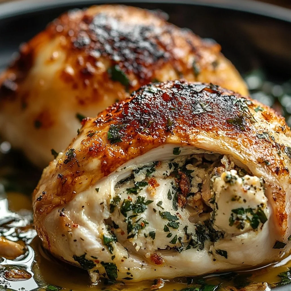 Plate of mouthwatering stuffed chicken with herbs and spices