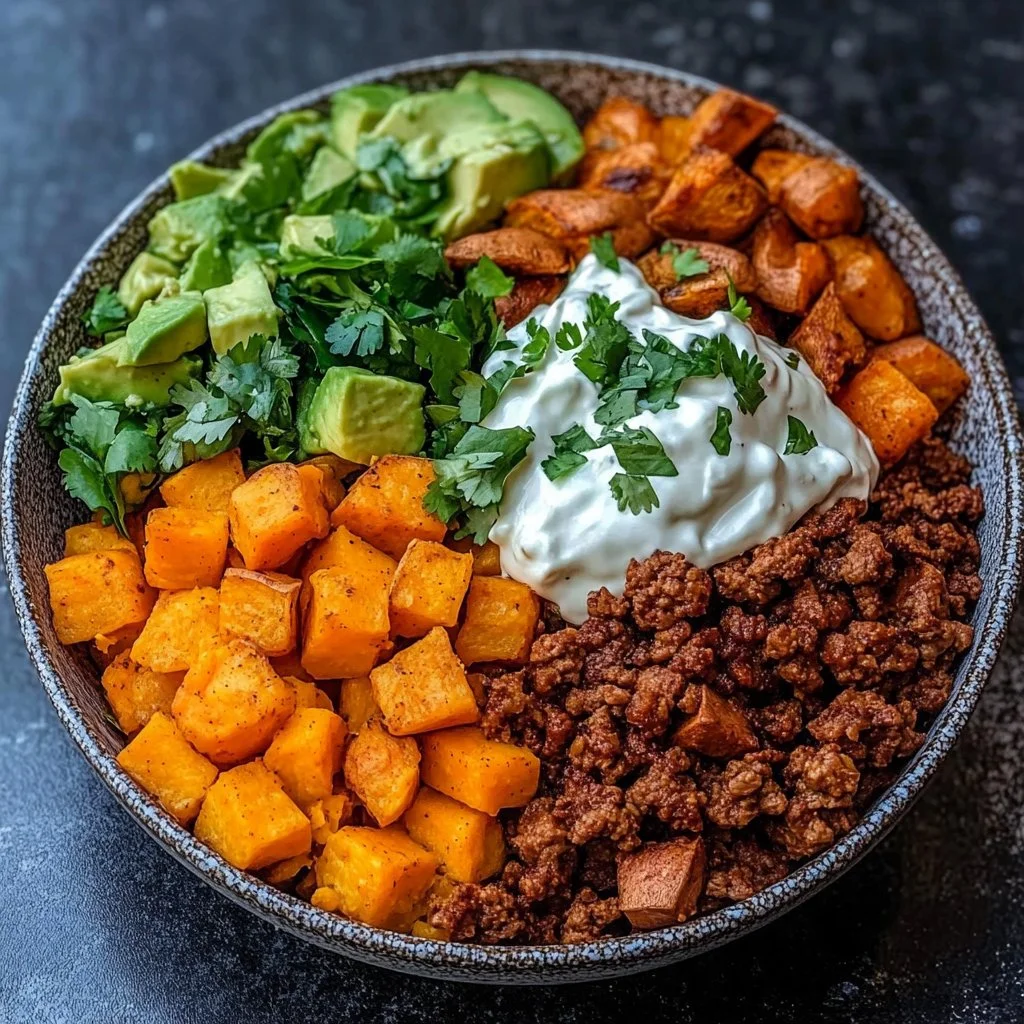 Colorful Sweet Potato Taco Bowl with fresh vegetables and toppings