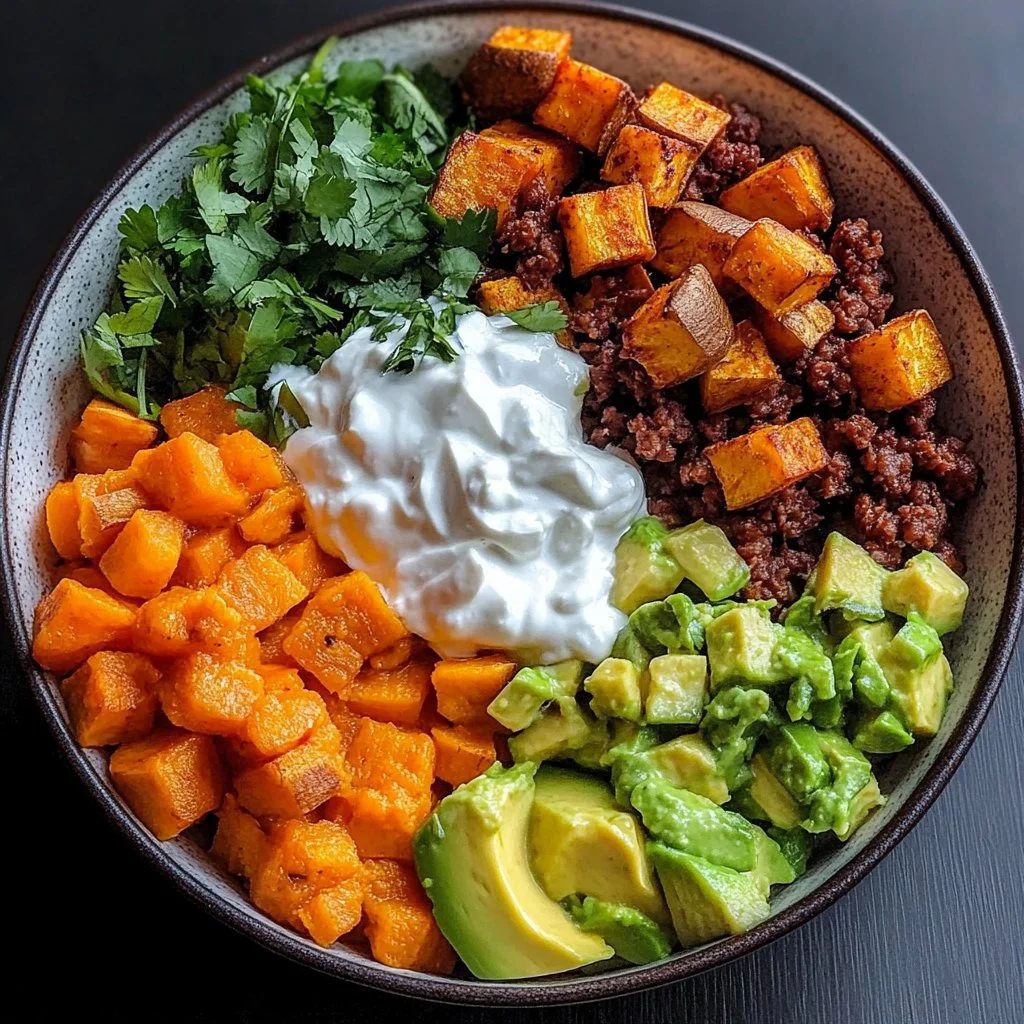 Colorful sweet potato taco bowl with toppings and fresh ingredients
