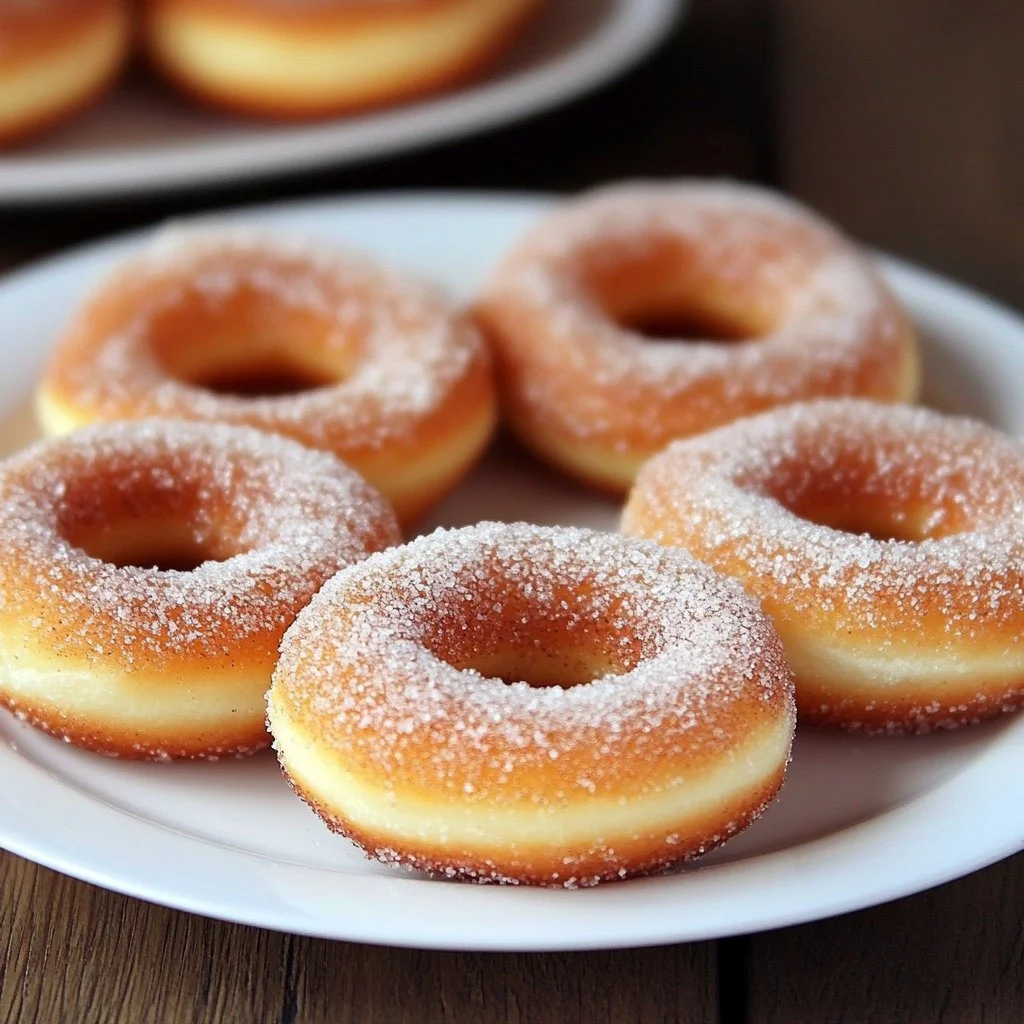 Plate of freshly baked cinnamon sugar donuts coated in sweet cinnamon sugar