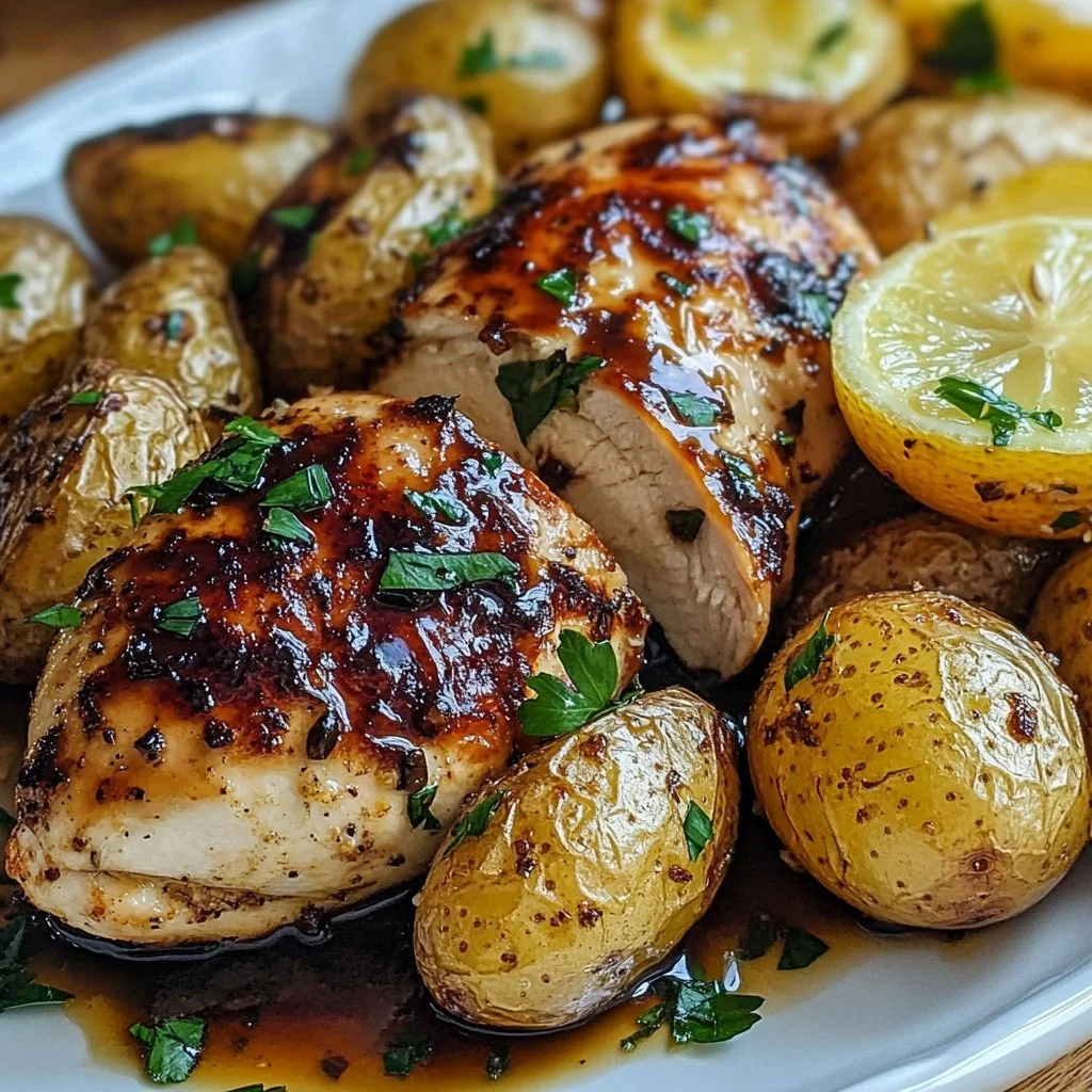 Balsamic chicken served with roasted potatoes on a plate