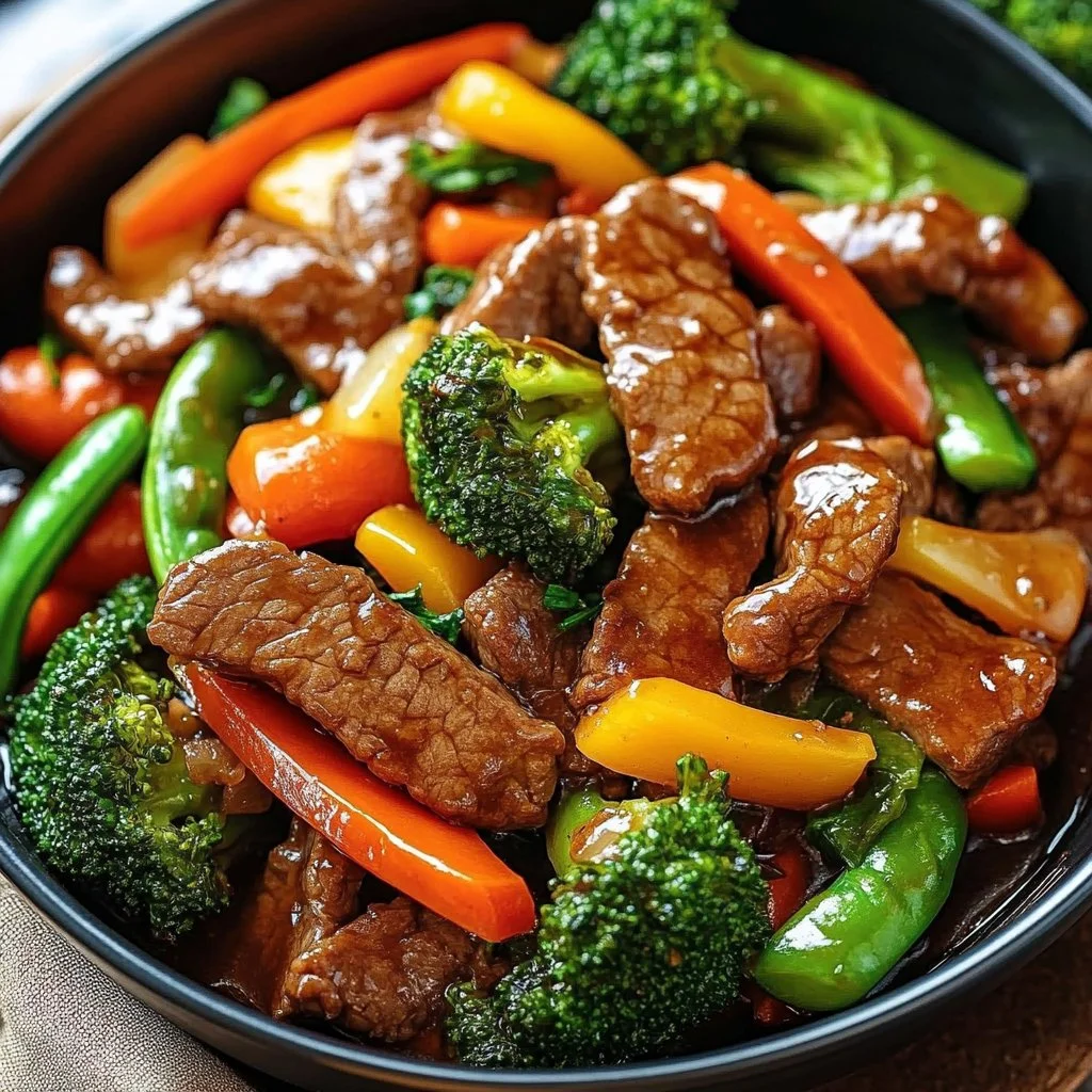 Delicious beef stir fry with colorful vegetables served in a bowl