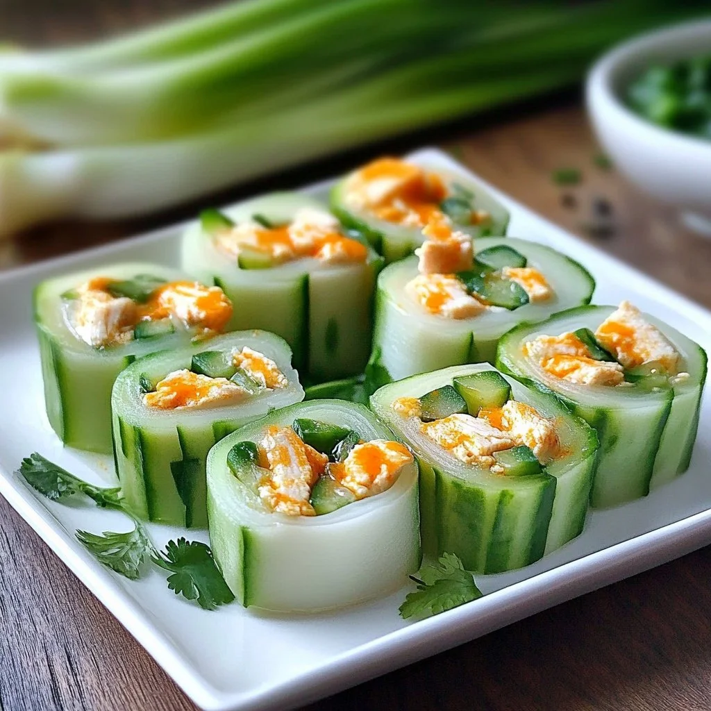 Buffalo Chicken Cucumber Rolls served on a plate with dipping sauce.