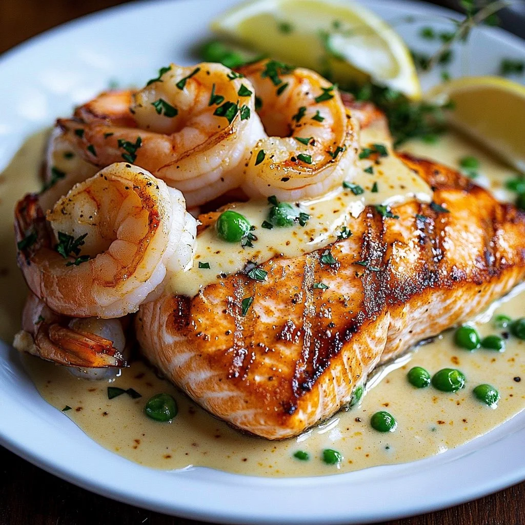 Delicious Cajun shrimp and salmon served in a creamy sauce on a plate.