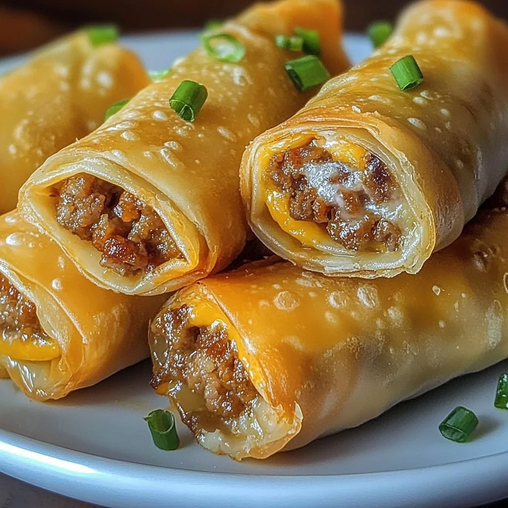 Plate of delicious cheeseburger eggrolls with dipping sauce
