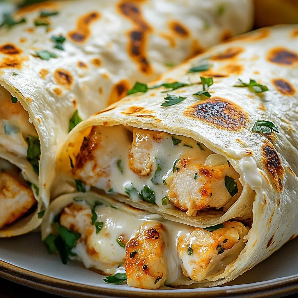 Delicious cheesy garlic chicken wraps on a plate garnished with fresh herbs