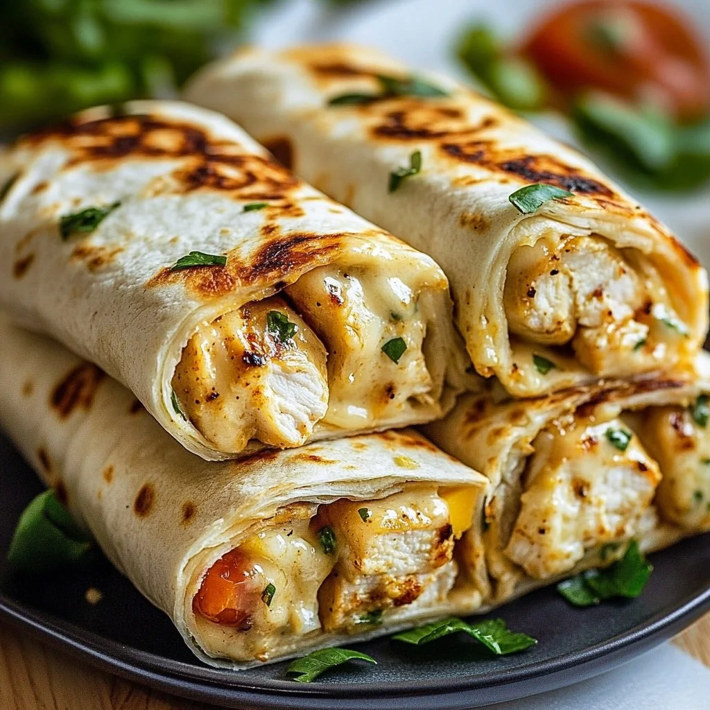 Delicious cheesy garlic chicken wraps served on a plate with fresh ingredients