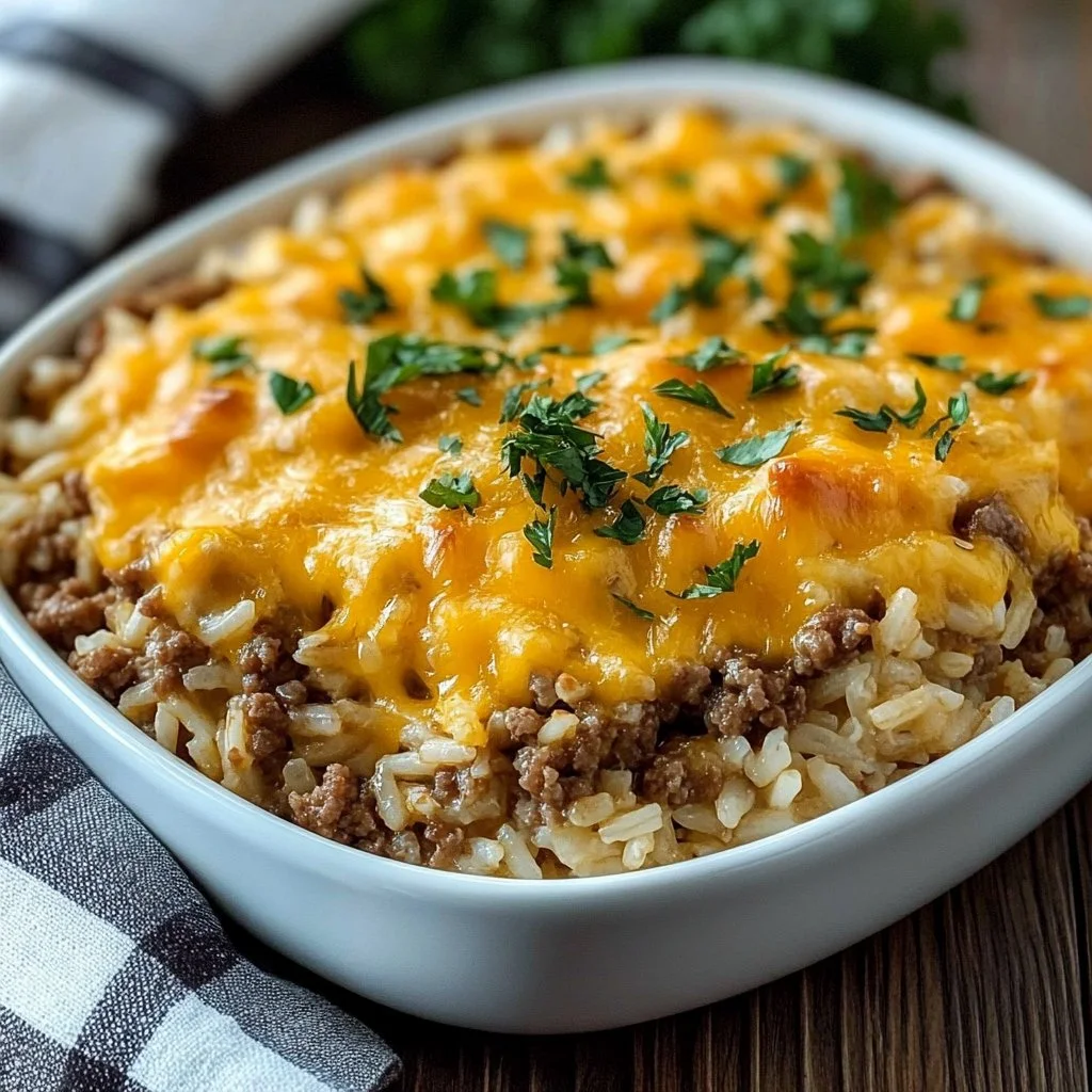 Delicious cheesy ground beef and rice casserole baked in a dish.