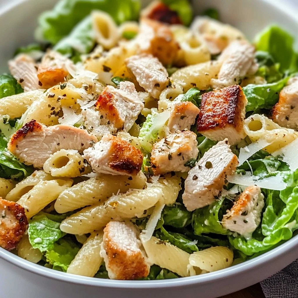 Delicious Chicken Caesar Pasta Salad with fresh ingredients in a bowl