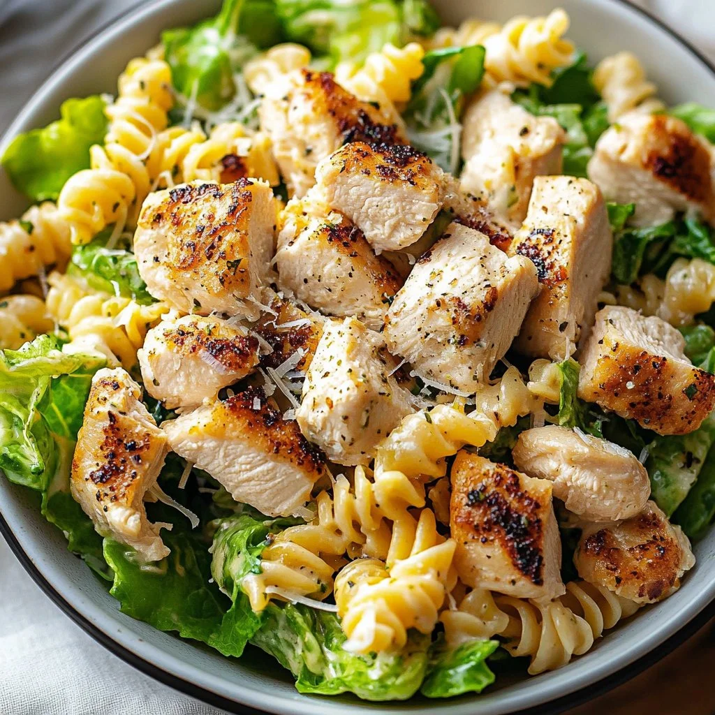 Delicious Chicken Caesar Pasta Salad with chicken, romaine, and creamy dressing