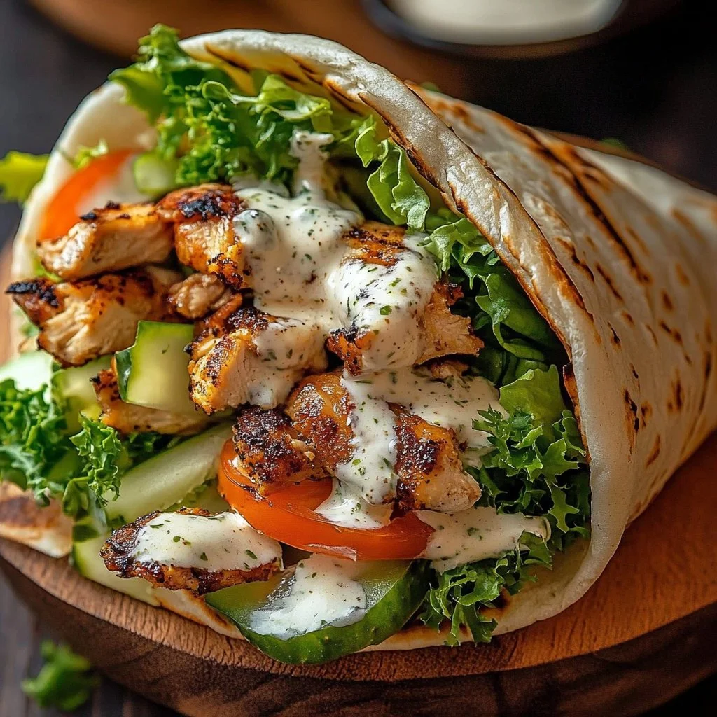 Delicious Chicken Shawarma wrapped in pita with fresh vegetables and sauce
