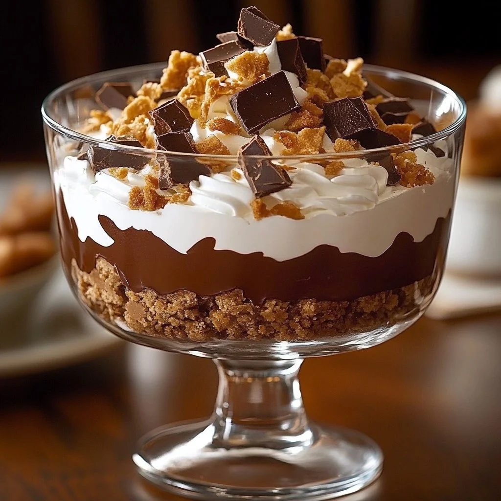 Delicious chocolate toffee trifle layered with chocolate and toffee