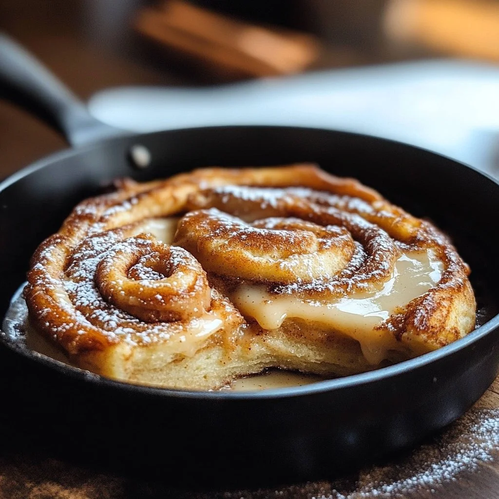 Cinnamon roll pancake skillet topped with cream cheese icing and cinnamon swirl.