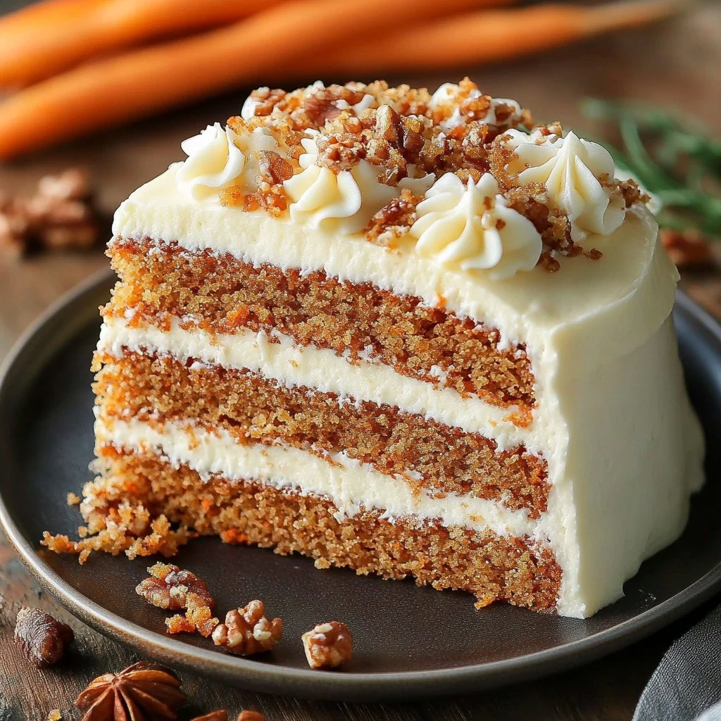 Delicious classic carrot cake with cream cheese frosting and decorative walnuts