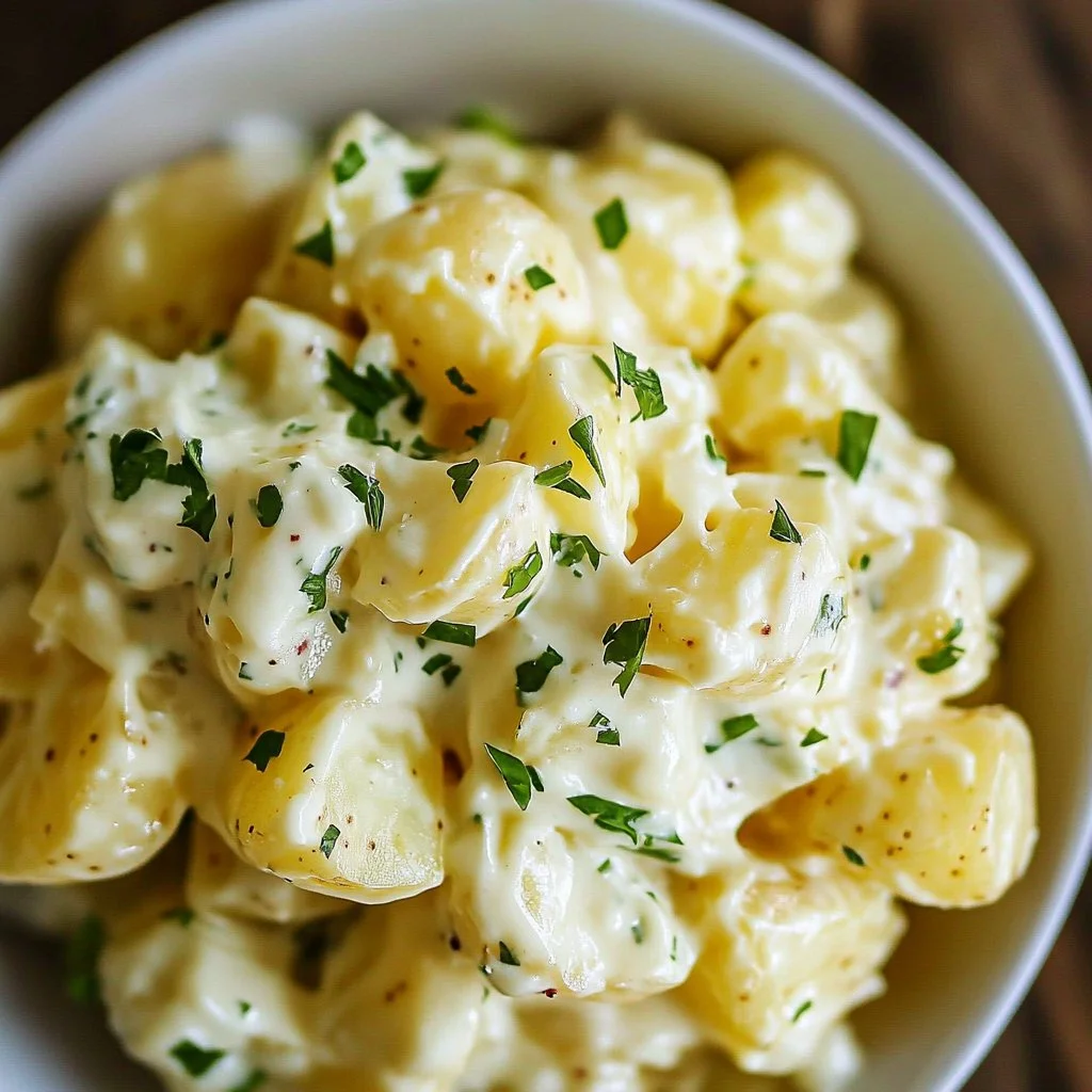Classic potato salad served in a bowl with fresh herbs and spices.