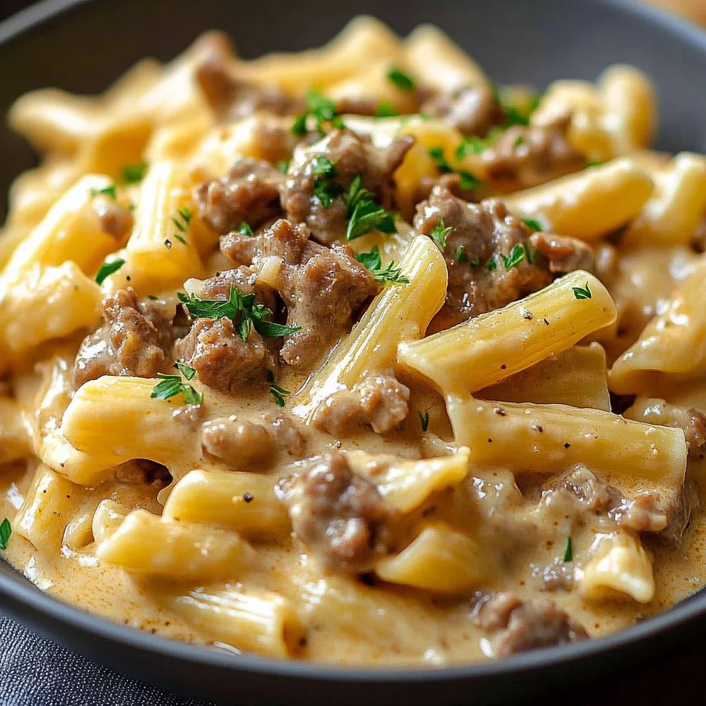 Creamy beef pasta dish garnished with herbs