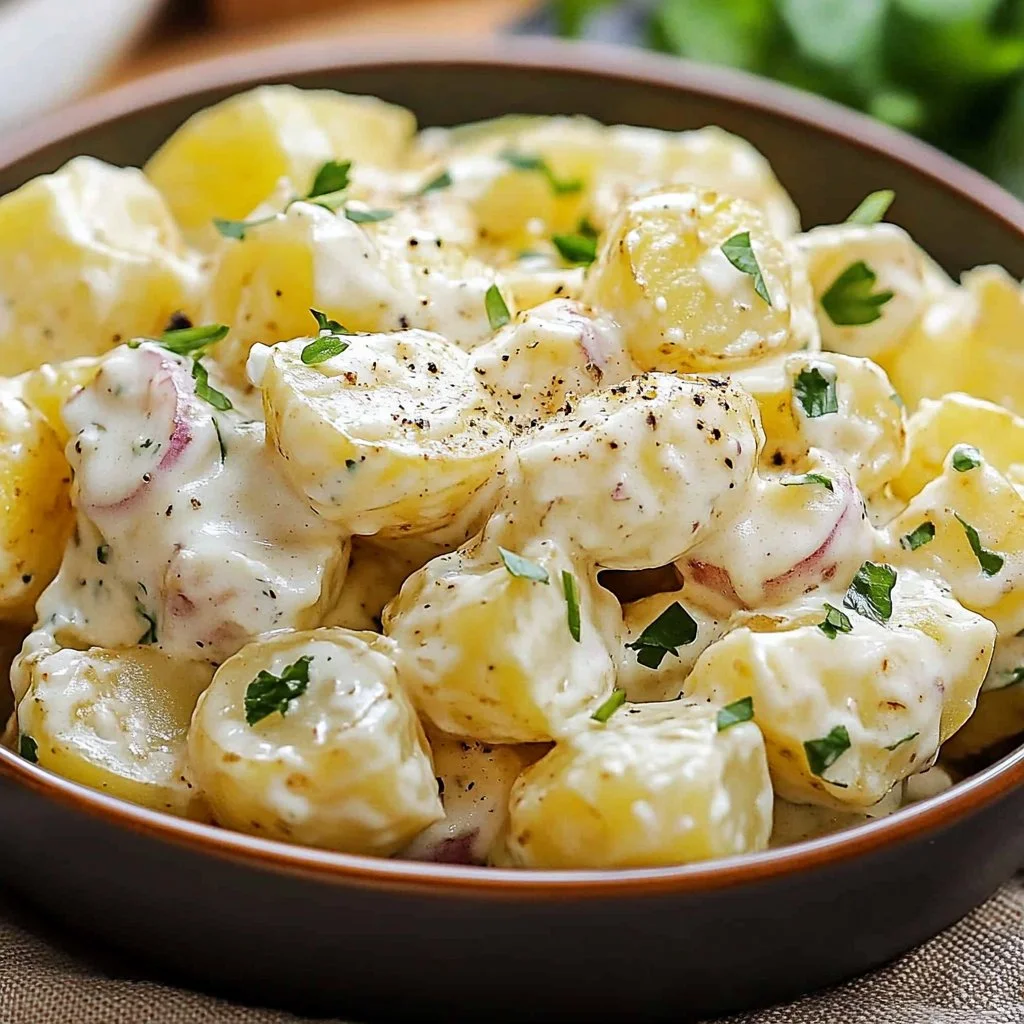 Bowl of creamy potato salad garnished with herbs