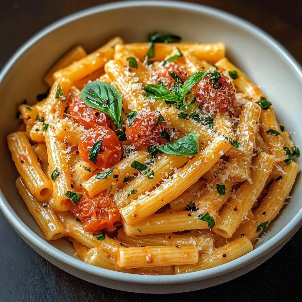 Creamy Tomato Garlic Pasta served in a bowl with fresh basil garnish
