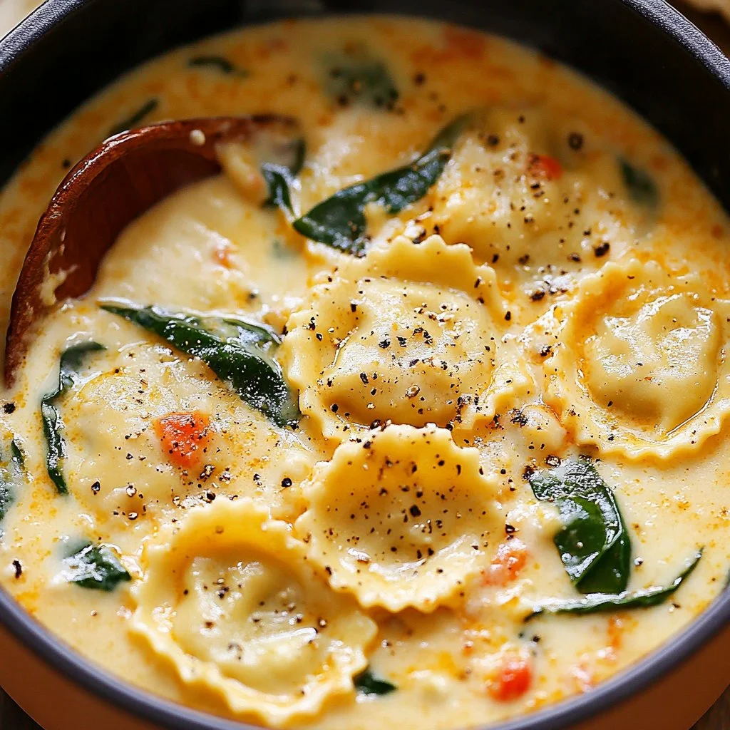 Bowl of creamy Tuscan ravioli soup garnished with herbs and cheese