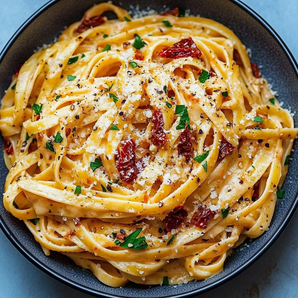 Creamy vegan sun-dried tomato pasta served in a bowl