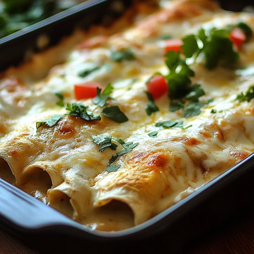 Creamy white chicken enchiladas topped with cheese and cilantro