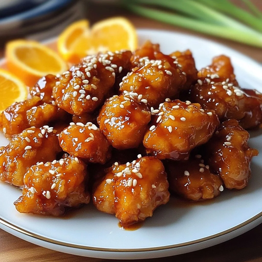 Crispy homemade orange chicken served on a plate with vegetables