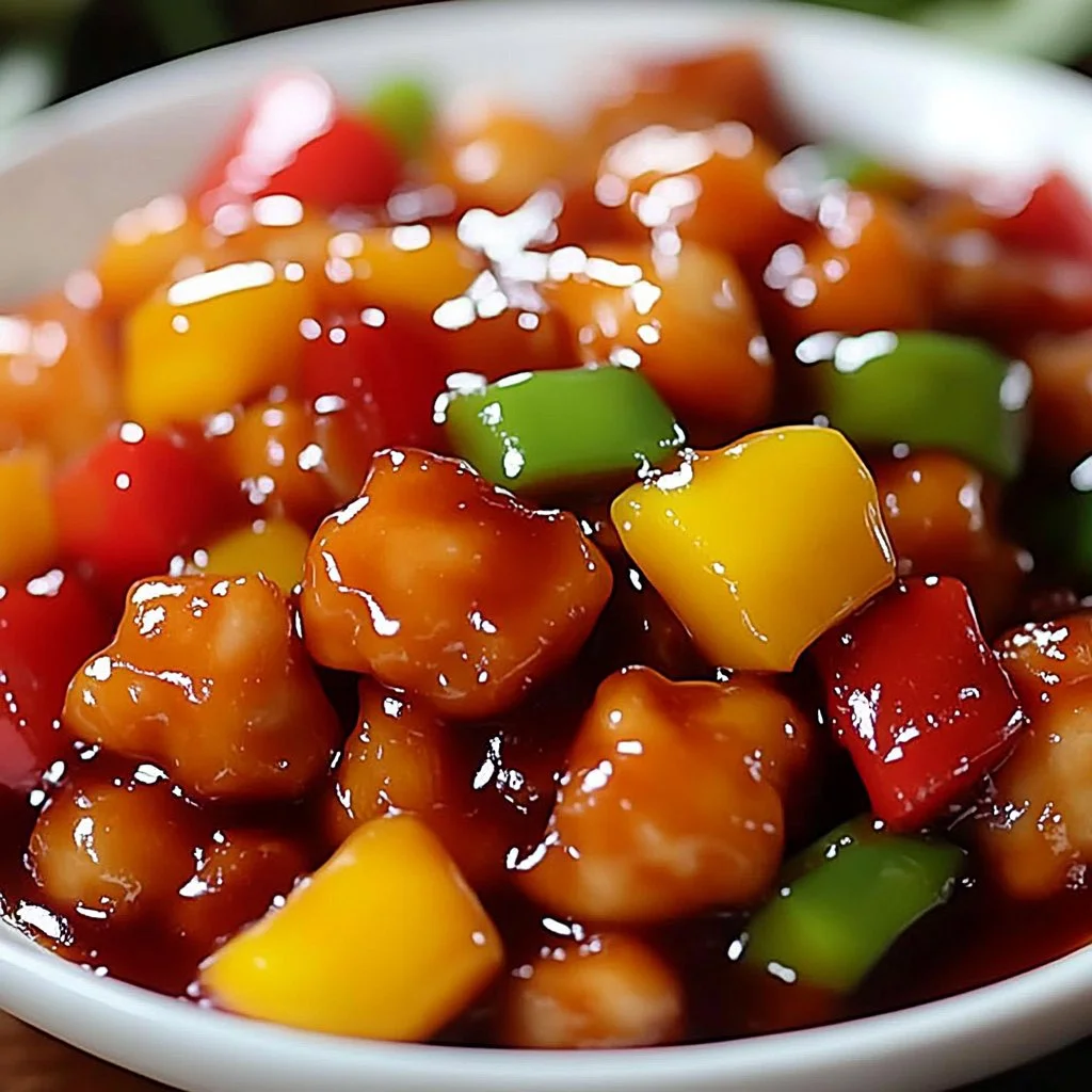 Crispy sweet and sour chicken served with colorful vegetables