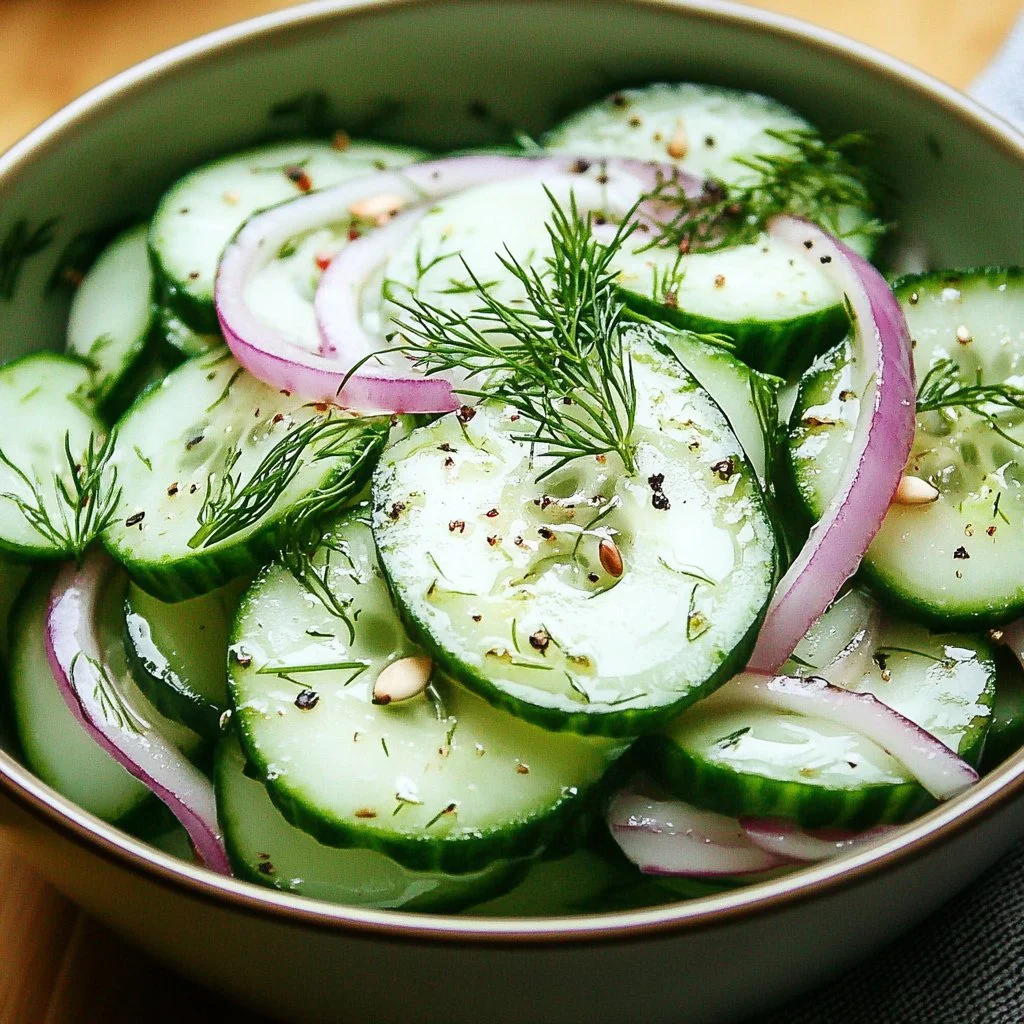 Fresh Cucumber Dill Salad with herbs and dressing in a bowl